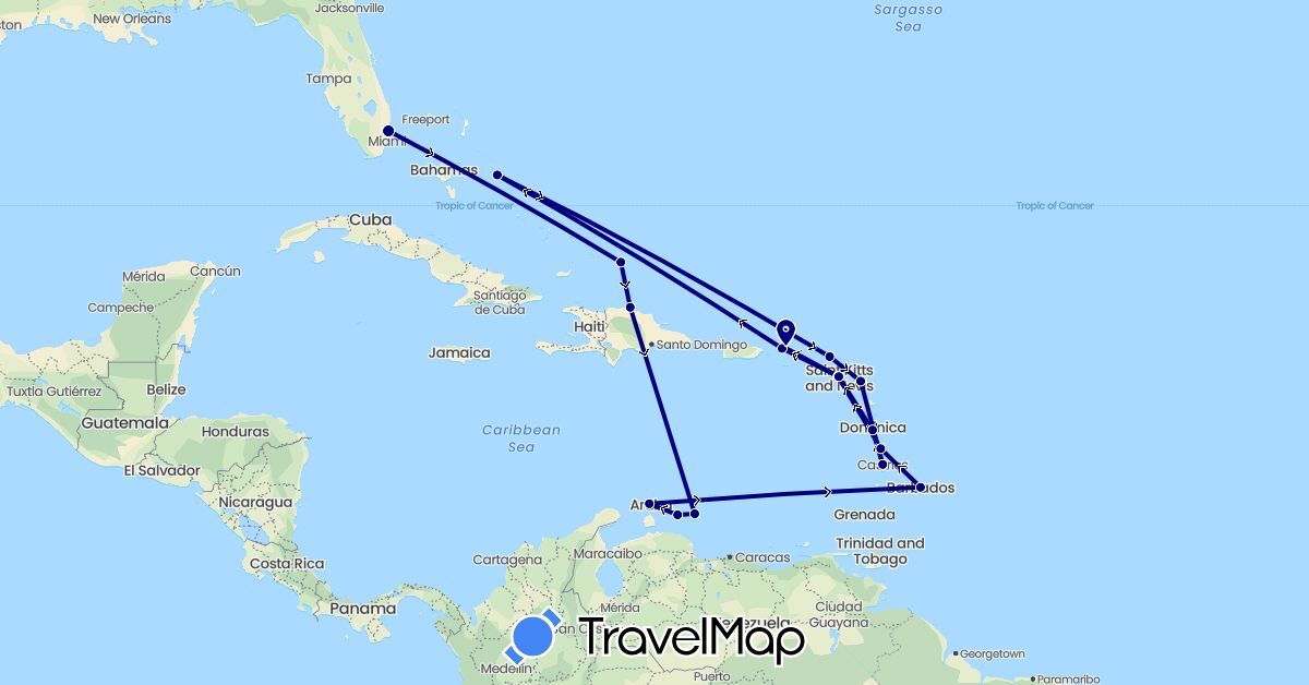 TravelMap itinerary: driving in Antigua and Barbuda, Barbados, Bahamas, Dominica, Dominican Republic, France, Saint Kitts and Nevis, Saint Lucia, Netherlands, Turks and Caicos Islands, United States (Europe, North America)